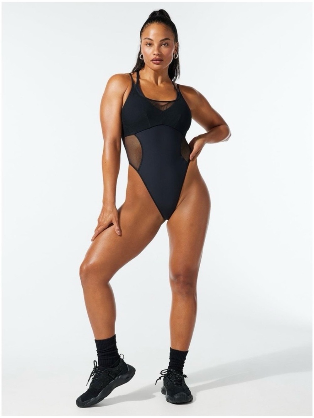 Savage X Fenty Black Mesh Panel Racerback Cutout High Leg Thong Bodysuit